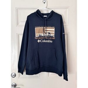 Columbia Mens Navy Blue American Flag Mountain Graphic Hoodie Sweatshirt NWT